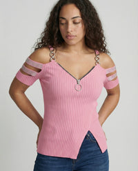 Stylish Ribbed Knit Top with Cold Shoulder and Chain Straps