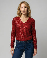 Stylish Sequin Top with Long Sleeves and V-Neckline