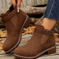 Suede Ankle Boots with Block Heel and Buckle Strap