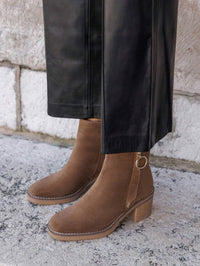 Suede Heeled Ankle Boots with Gold Ring Zip Detail