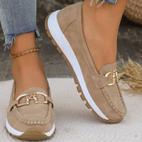 Suede Loafers with Gold Hardware and Chunky White Sole