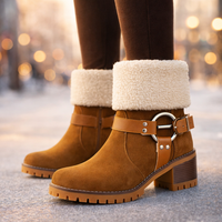 Suede Winter Boots with Sherpa Cuff and Block Heel
