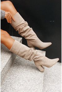 Suede Knee High Boots with Block Heel and Slouch Detail