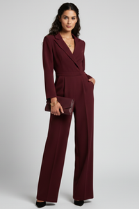 Tailored Wide Leg Jumpsuit with Blazer Collar and Long Sleeves