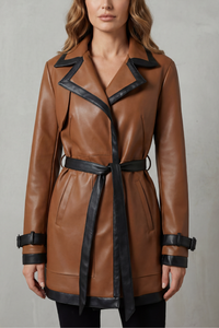 Tan Leather Trench Coat with Black Contrast Trim and Belt