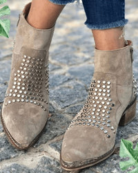 Taupe Studded Suede Ankle Boots with Block Heel and Pointed Toe