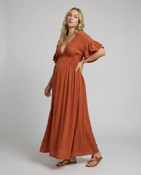 Terracotta Ruffle Sleeve Maxi Dress with V-Neckline and Tie Waist