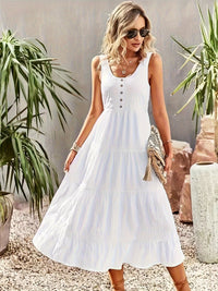 Tiered Midi Summer Dress with Smocked Bodice and Button Detail