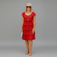 Tiered Ruffle Midi Dress with Round Neckline and Short Sleeves