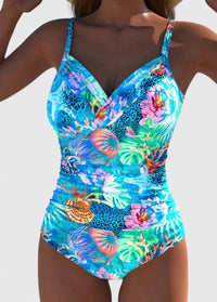 Tropical Print One Piece Swimsuit with Ruched Waist and Open Back