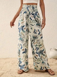 Tropical Print Palazzo Trousers with Smocked High Waist and Wide Leg