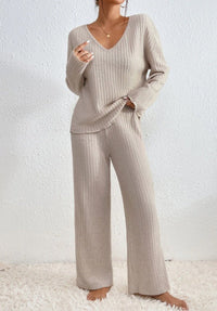 Two Piece Ribbed Knit Lounge Set with V-Neck Top and Wide Leg Trousers