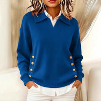 V-Neck Knit Sweater with Gold Button Detail