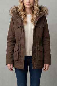 Brown Hooded Parka with Fur Trim Hood and Flap Pockets