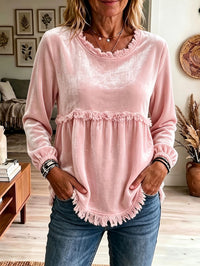 Velvet Long Sleeve Top with Fringe Trim Detail