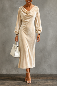 Velvet Midi Dress with Draped Neckline and Puff Sleeves