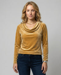 Velvet Top with Draped Neckline and Long Sleeves