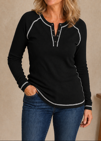 Waffle Knit Henley Top with Contrast Trim Detail