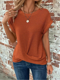 Comfortable Waffle Knit Top with Twisted Hem and Round Neckline