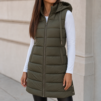 Warm Long Hooded Puffer Gilet with Snap Hem Detail