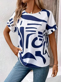 White Abstract Print Top with Round Neck and Short Sleeves