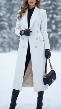 White Double Breasted Wool Coat with Gold Buttons