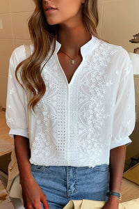 White Floral Embroidered Blouse with V-Neckline and Puff Sleeves