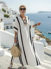 White Maxi Kaftan Dress with Black Stripe Detail and V-Neckline