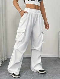 Wide Leg Cargo Trousers with Elasticated Waist and Drawstring Hem