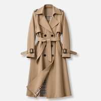 Double Breasted Long Trench Coat with Check Lining and Belt