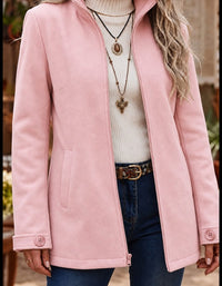 Zip-Up Wool Jacket with Stand Collar and Button Cuffs