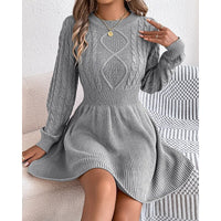 Cable Knit Sweater Dress with Fitted Waist and Flared Skirt