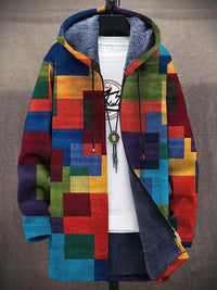 Fleece Lined Hooded Zip Jacket with Bold Colour Block Print