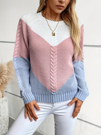 Cosy Colour Block Cable Knit Sweater with Chevron Panel