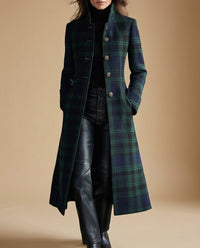 Green Plaid Wool Coat with Stand Collar and Gold Buttons
