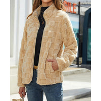 Cosy Fleece Jacket with Checkerboard Texture and Stand Collar