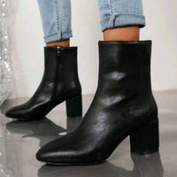 Pointed Toe Leather Ankle Boots with Block Heel