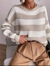 Striped Chunky Knit Sweater with Round Neck and Dropped Shoulders