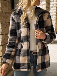 Cosy Check Fleece Jacket with Stand Collar and Side Pockets