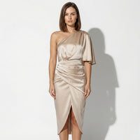 Elegant Satin One-Shoulder Midi Dress with Wrap Skirt