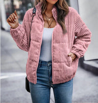 Cosy Ribbed Puffer Jacket with Stand Collar and Side Pockets