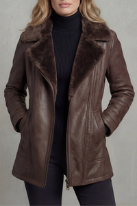 Brown Leather Jacket with Shearling Collar and Warm Lining