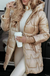 Hooded Puffer Jacket with Gold Hardware and Diamond Quilting