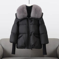Cropped Puffer Jacket with Fur Collar and Knit Cuffs