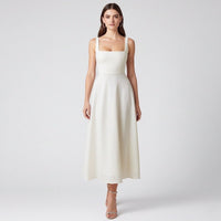 Ivory Midi Dress with Square Neckline and Full Skirt