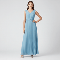 Blue Pleated Maxi Dress with V-Neckline and Draped Waist