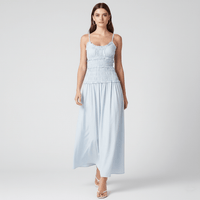 Blue Smocked Maxi Dress with Spaghetti Straps and Flowing Skirt