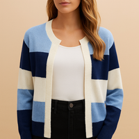 Striped Open Front Knit Cardigan with Colour Block Pattern