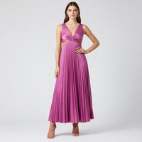 Fuchsia Pleated Midi Dress with V-Neckline and Cut-Out Waist