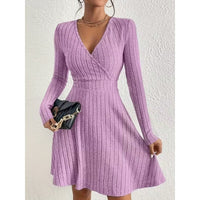 Ribbed Knit Wrap Front Mini Dress with V-Neckline and Long Sleeves